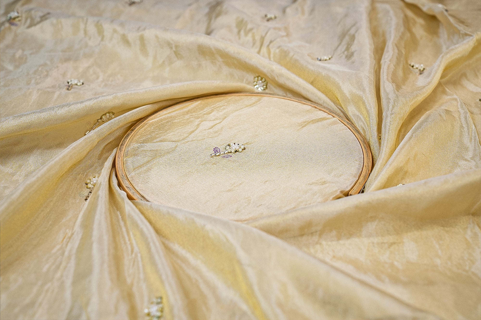 Golden Tissue With  Rainbow Sequins and Katdana Butti Allover