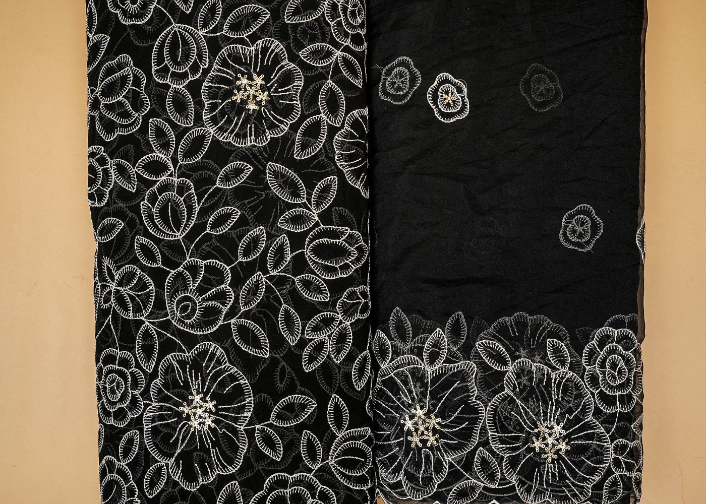 Midnight Elegance Black Organza Dupatta Fabric with White Floral and Gold Sparkle