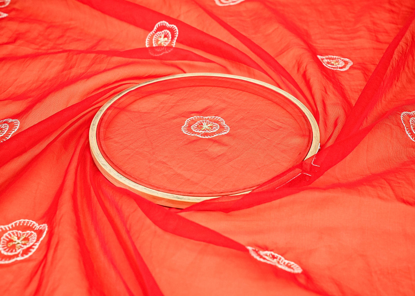 Scarlet Bloom Red Organza Dupatta Fabric with White Thread and Gold Sparkle