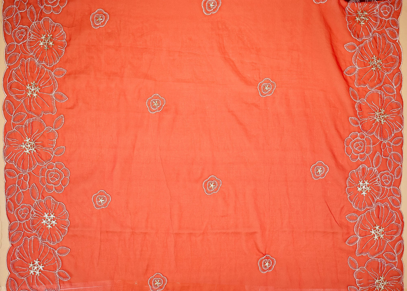 Scarlet Bloom Red Organza Dupatta Fabric with White Thread and Gold Sparkle