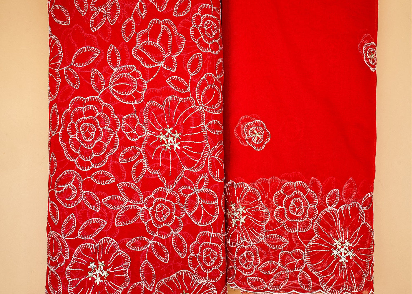 Scarlet Bloom Red Organza Dupatta Fabric with White Thread and Gold Sparkle
