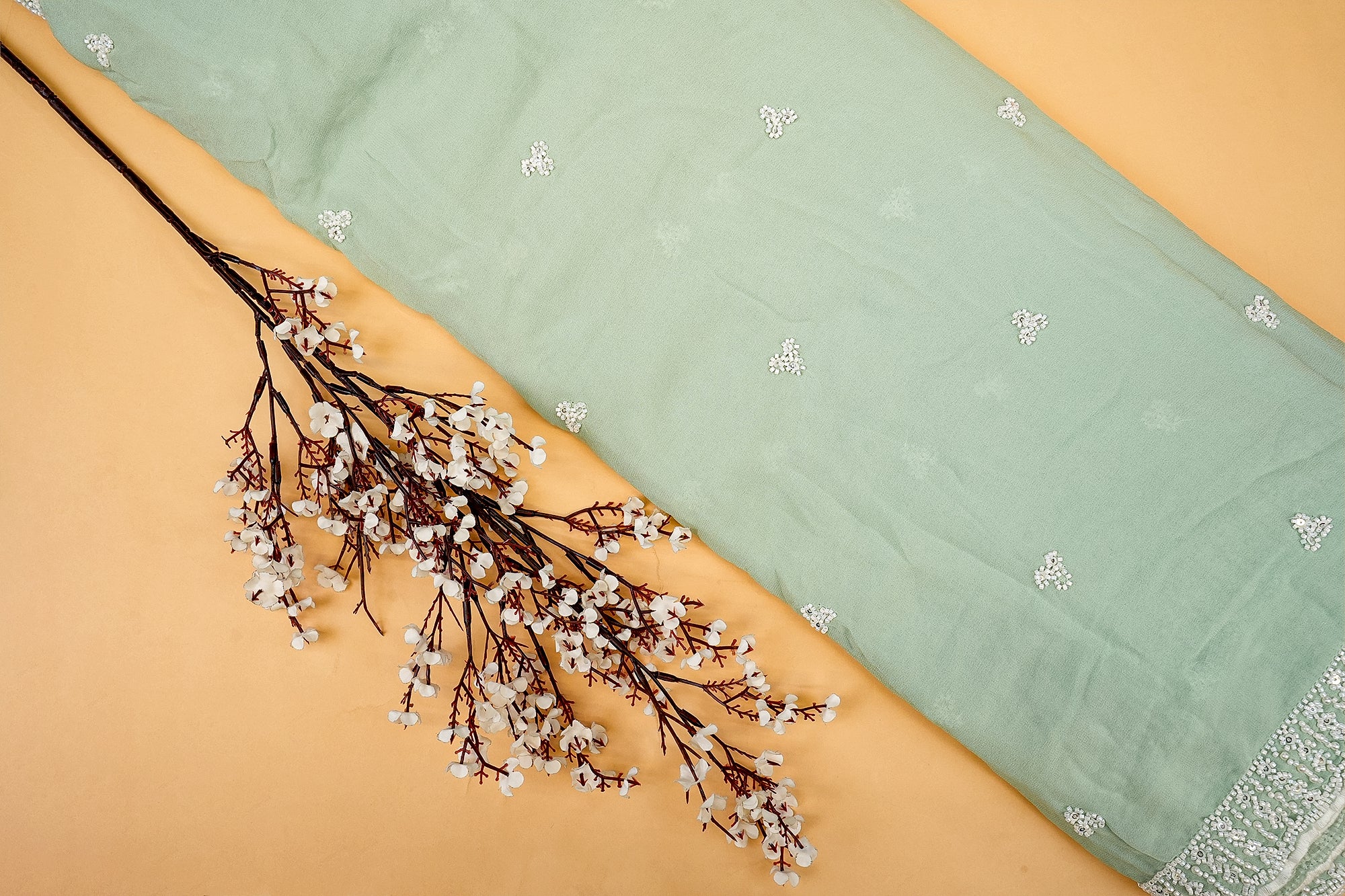 Green Elegant Dupatta Fabric with Silver Sequin and Pearl Borders-Paras Gallery Fabrics