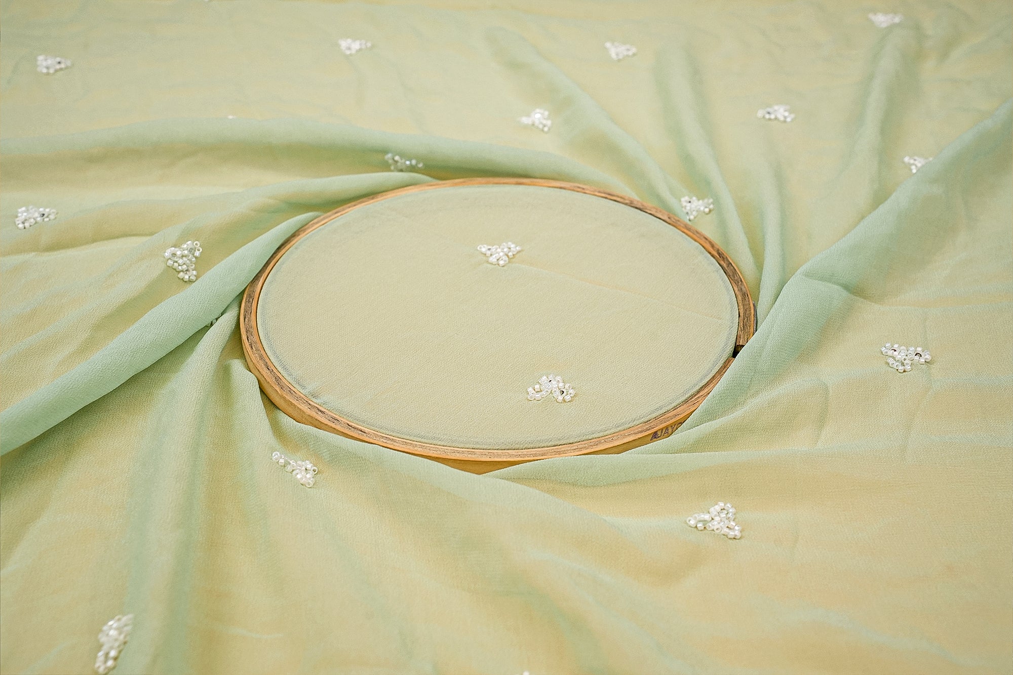 Green Elegant Dupatta Fabric with Silver Sequin and Pearl Borders