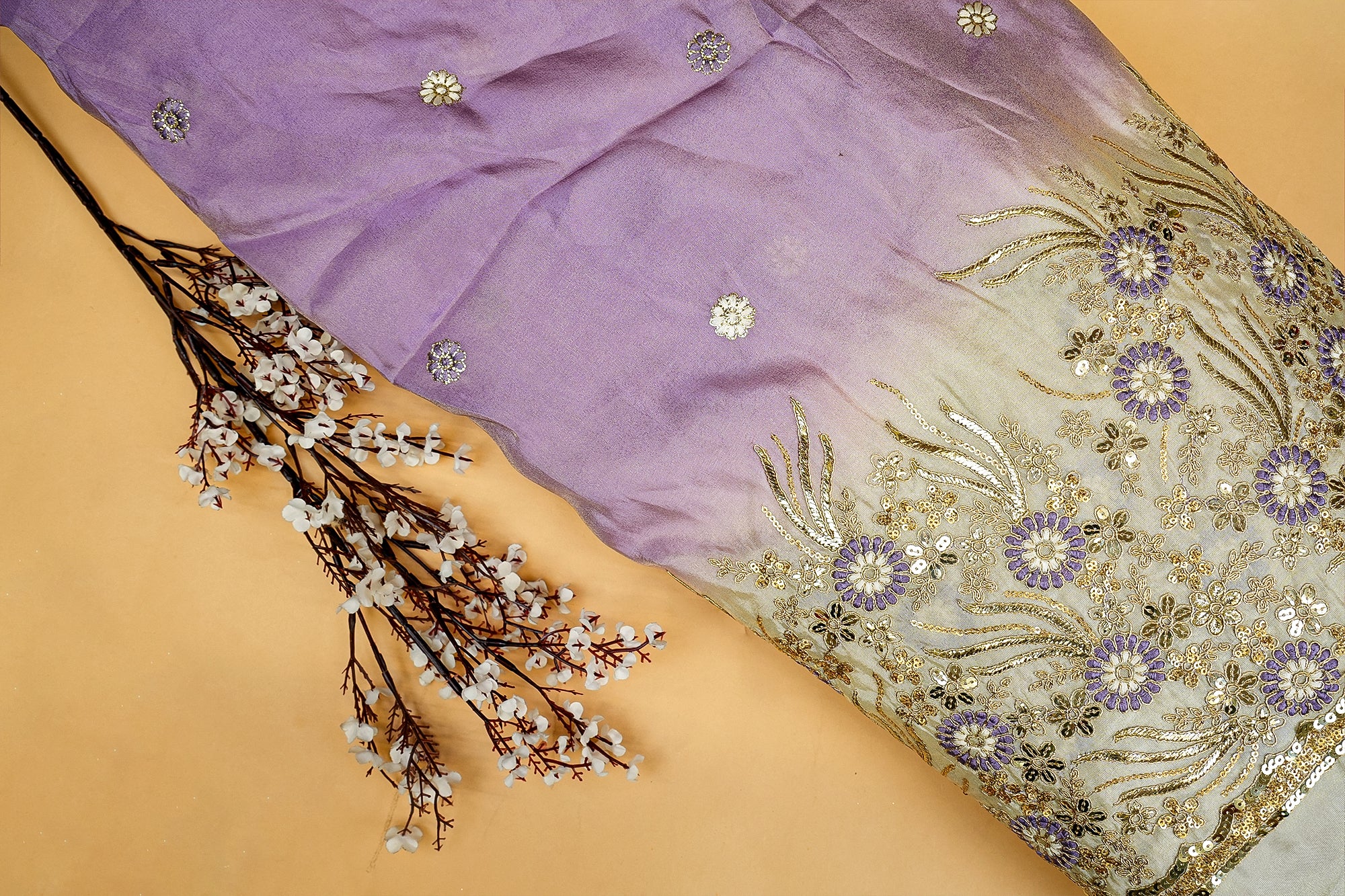 Lavender Ombre Glow Tissue with Zari, Sequins, and Threadwork Elegance - Paras Gallery Fabrics