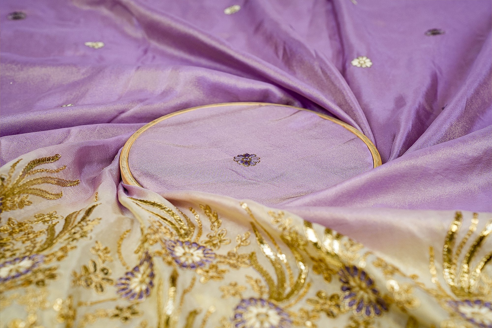 Lavender Ombre Glow Tissue with Zari, Sequins, and Threadwork Elegance