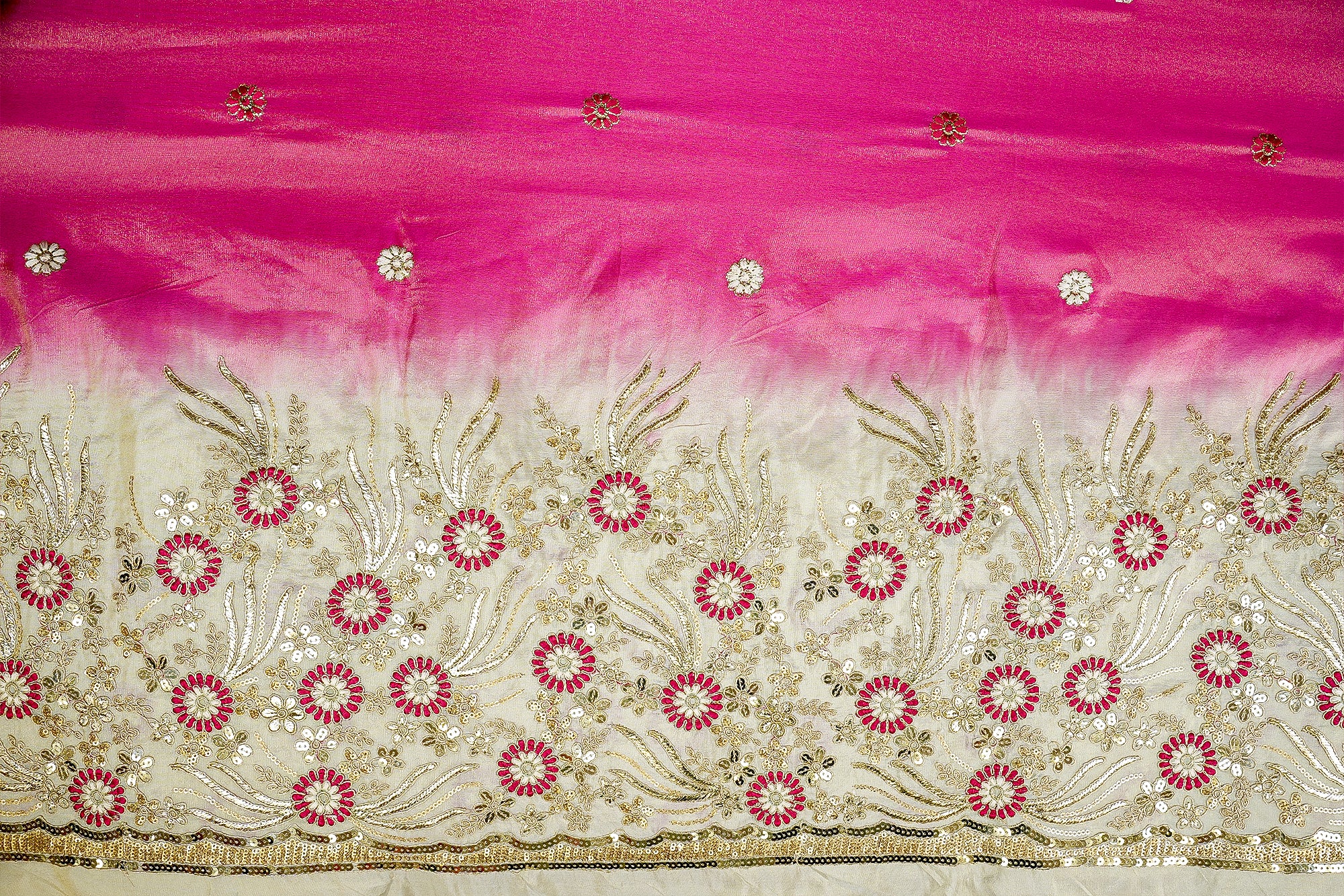 Pink Ombre Glow Tissue with Zari, Sequins, and Threadwork Elegance