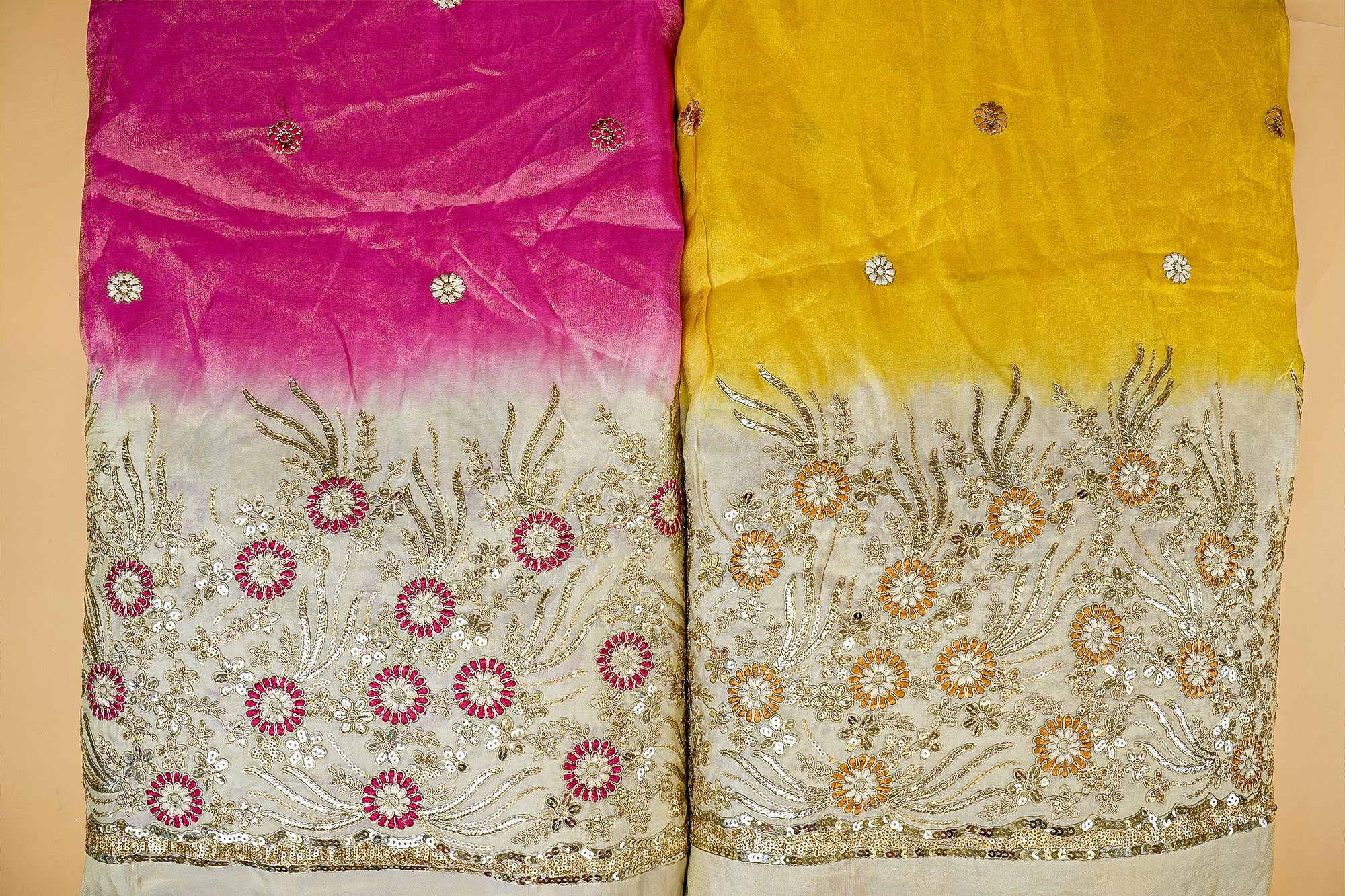 Pink Ombre Glow Tissue with Zari, Sequins, and Threadwork Elegance