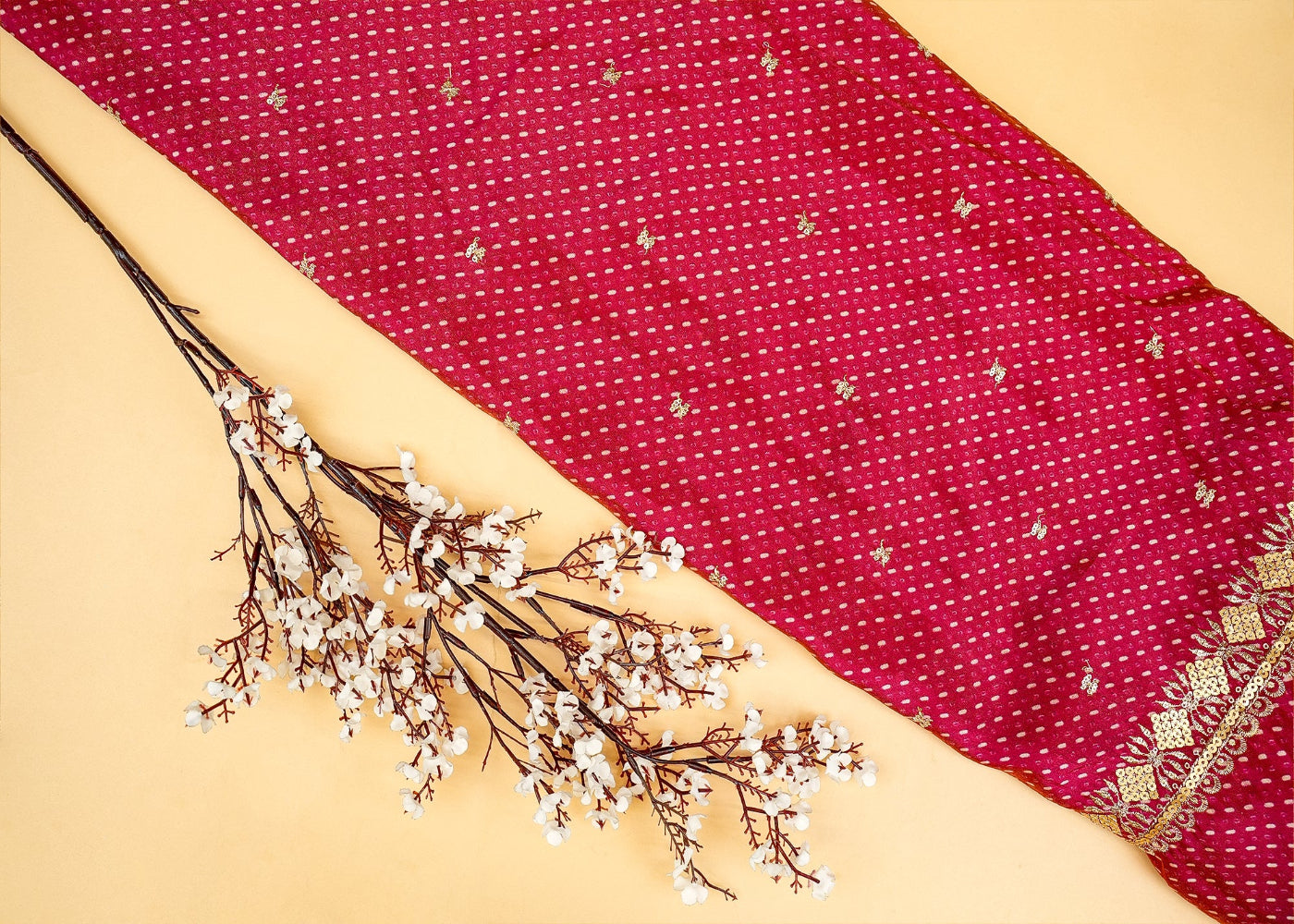Pink Tissue Dupatta Fabric Bandhani Glow with Golden Sequins and Zari Work