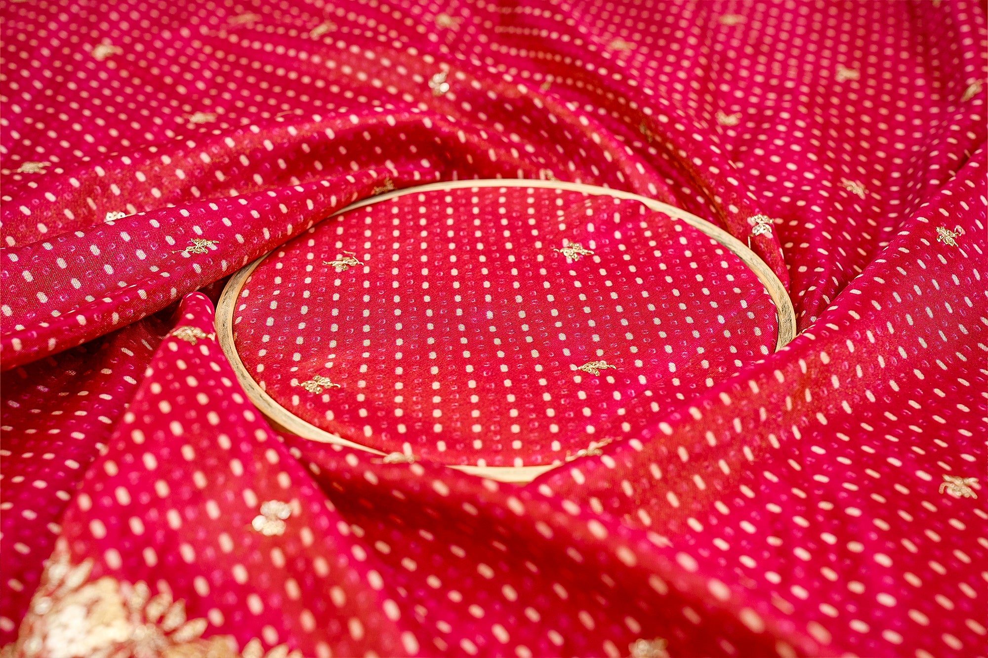 Pink Tissue Dupatta Fabric Bandhani Glow with Golden Sequins and Zari Work