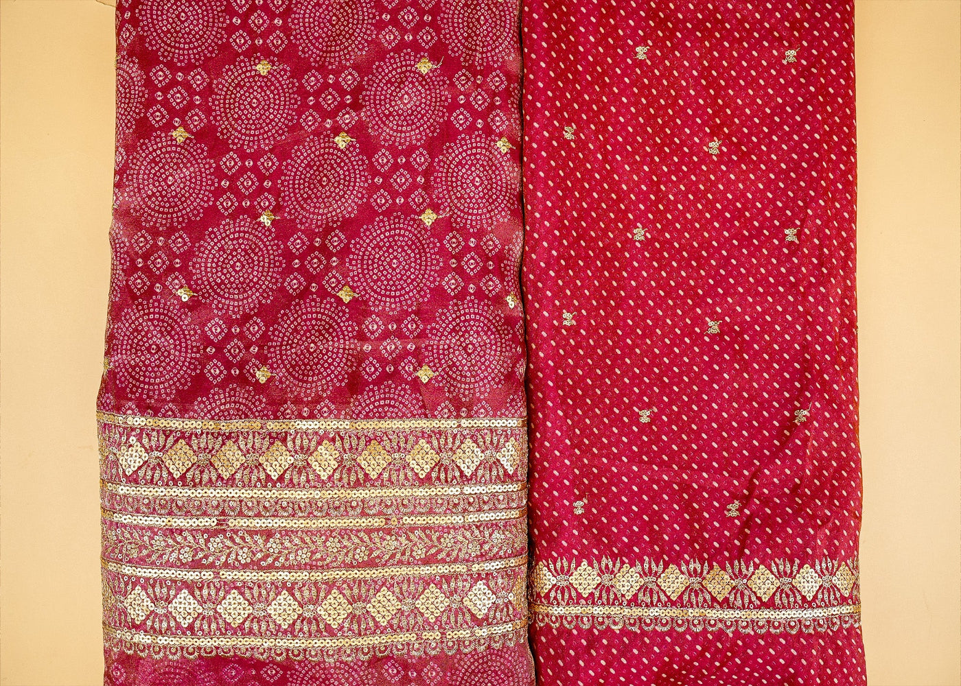 Pink Tissue Dupatta Fabric Bandhani Glow with Golden Sequins and Zari Work