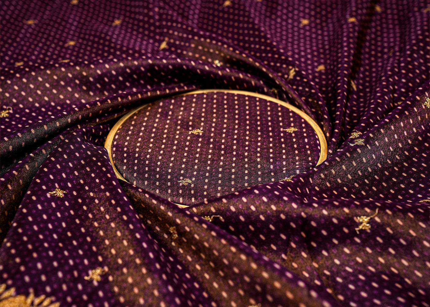 Dark Purple Tissue Dupatta Fabric Bandhani Glow with Golden Sequins and Zari Work