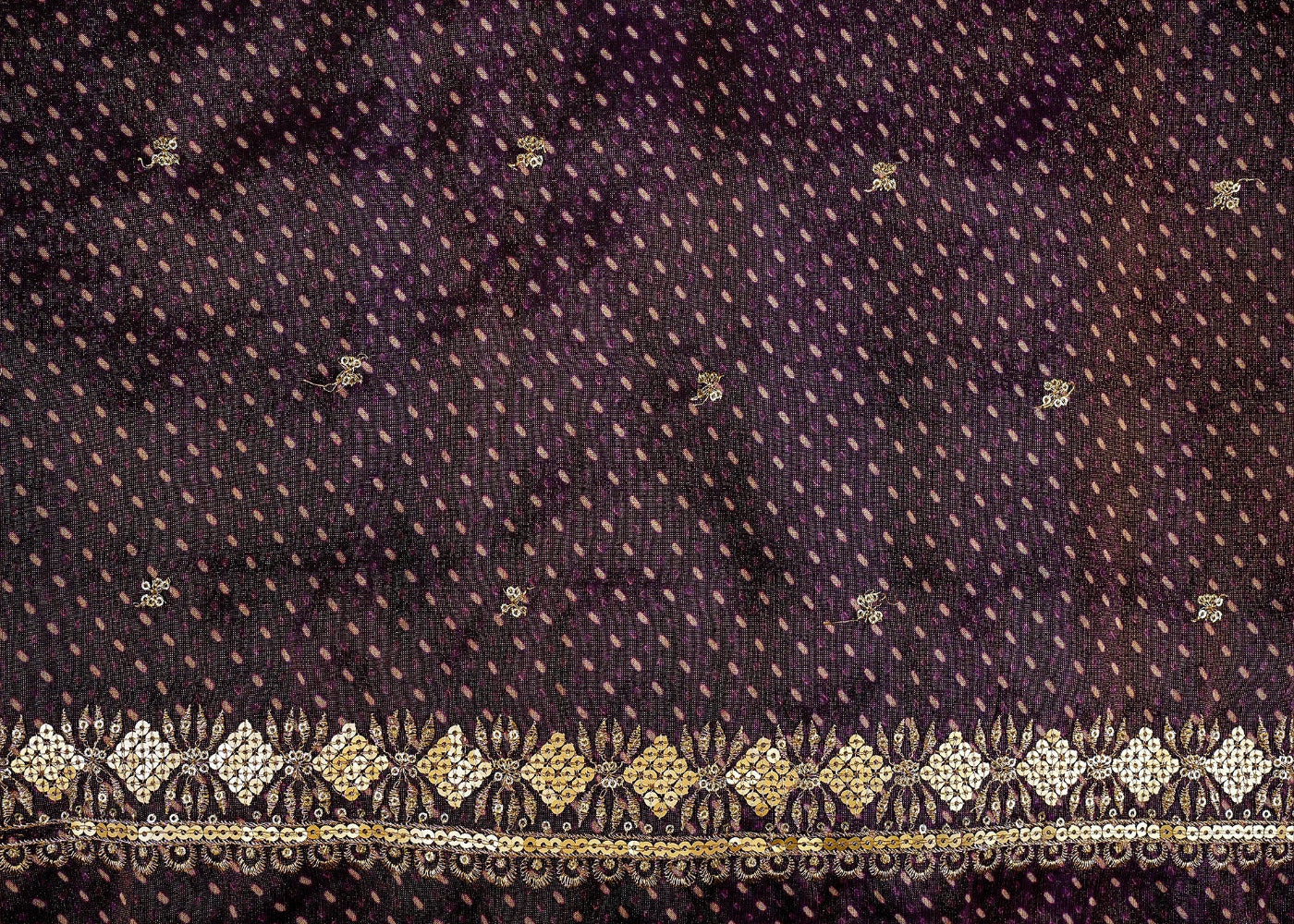 Dark Purple Tissue Dupatta Fabric Bandhani Glow with Golden Sequins and Zari Work
