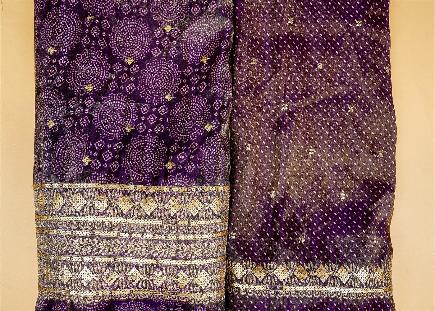 Dark Purple Tissue Dupatta Fabric Bandhani Glow with Golden Sequins and Zari Work