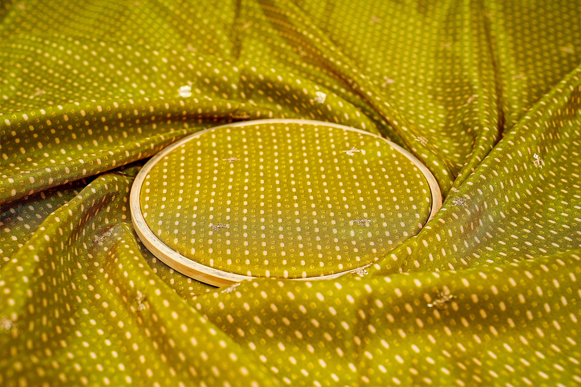 Parrot Green Tissue Dupatta Fabric Bandhani Glow with Golden Sequins and Zari Work