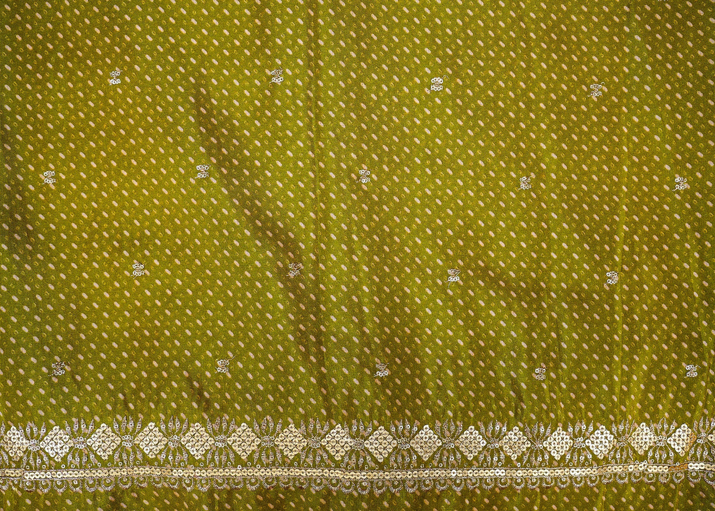 Parrot Green Tissue Dupatta Fabric Bandhani Glow with Golden Sequins and Zari Work