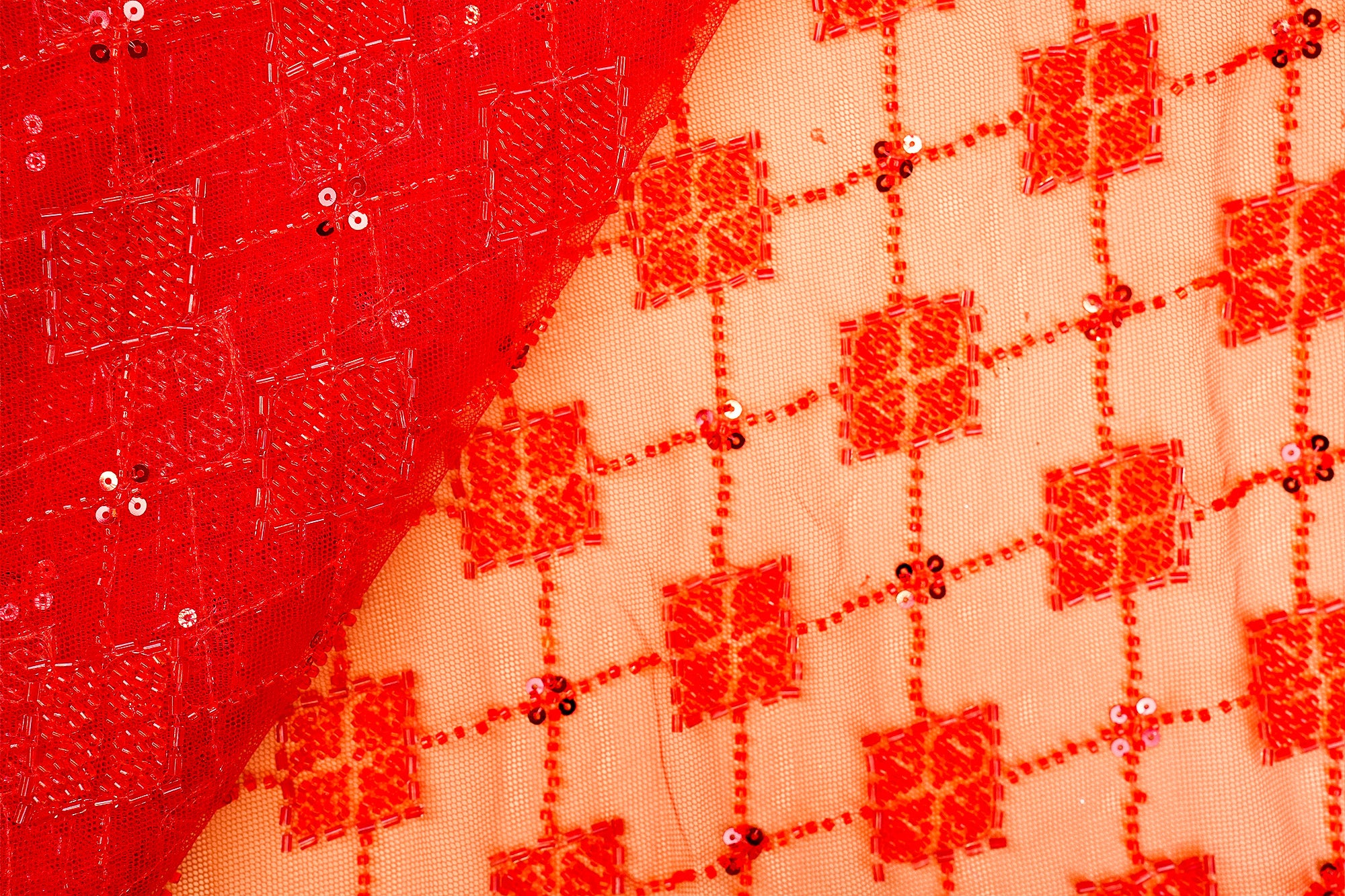 Red Imported Net with Beads, Sequins and Kutdana Handwork Embellishments