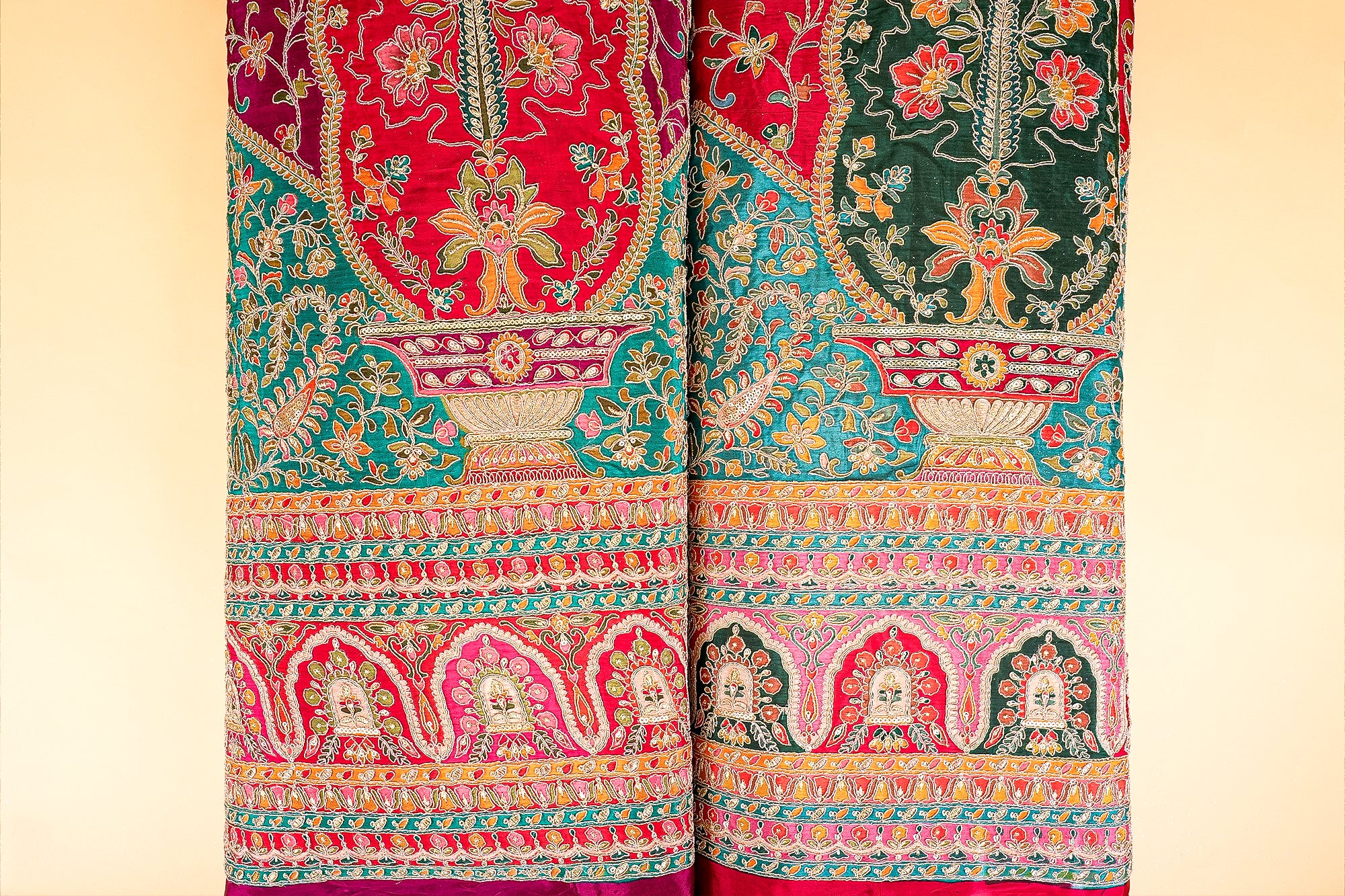 Luxurious wine crepe fabric with zari and sequin embellished floral design - Paras Gallery Fabrics