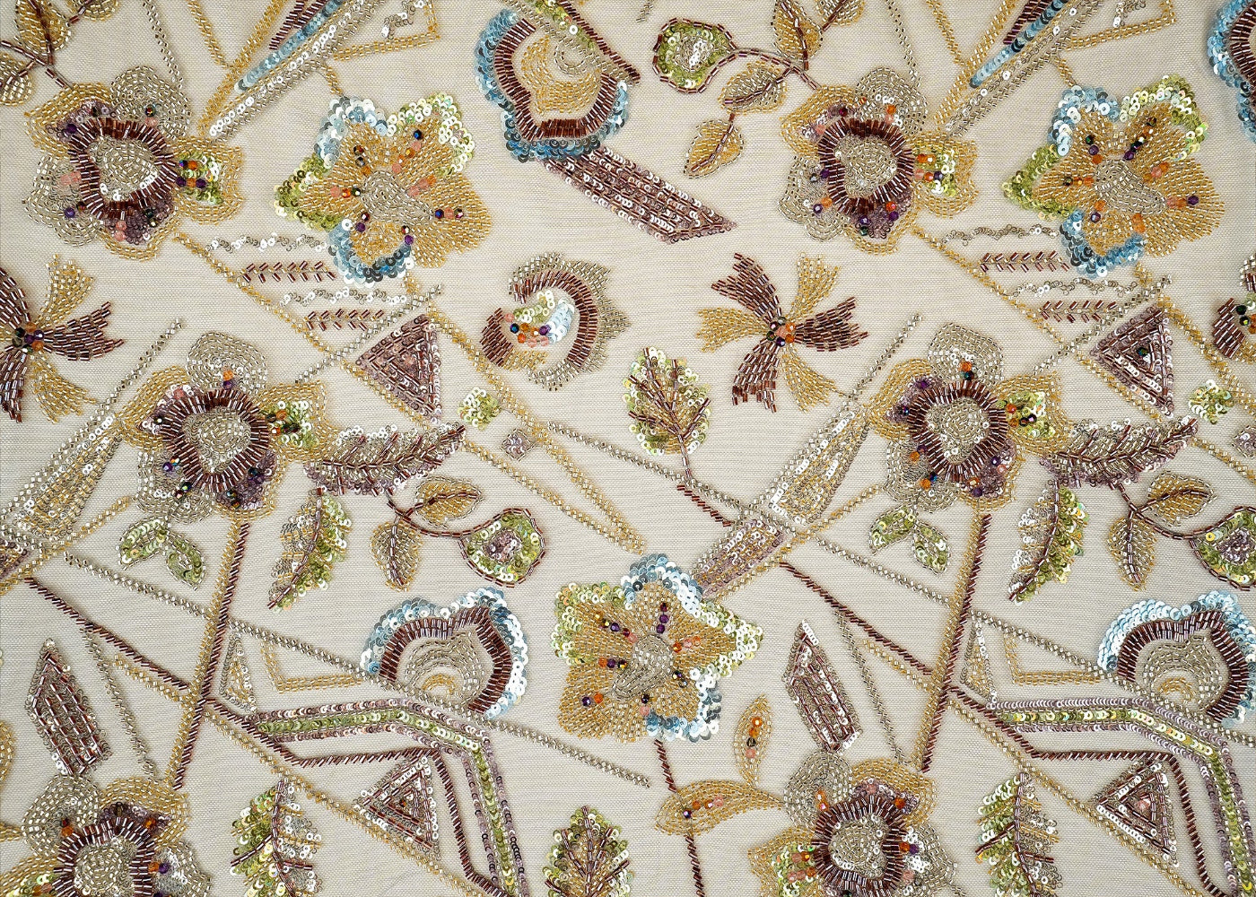 Grey Imported Net Fabric with Colorful Sequins, Beads, Kutdana, and Pearls