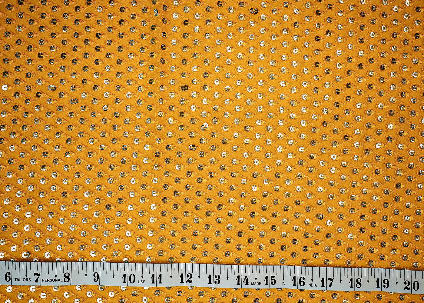 (Pre-Cut 2 Mtr) Yellow Georgette With Mirror All Over And Threadwork