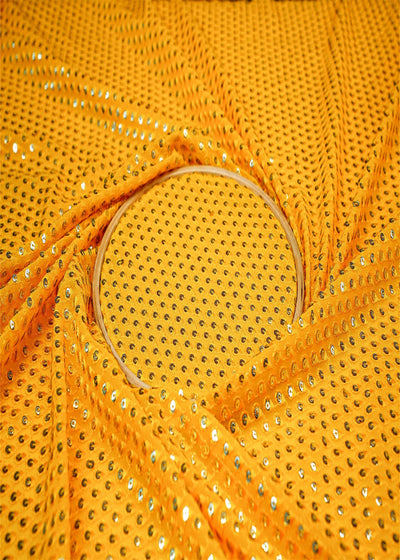 (Pre-Cut 2 Mtr) Yellow Georgette With Mirror All Over And Threadwork 11014