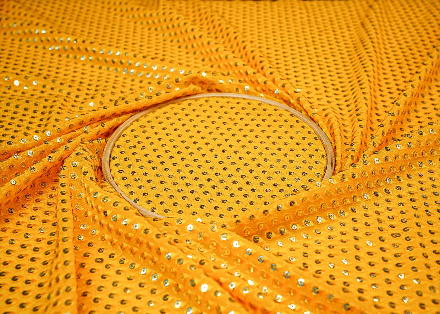 Yellow Georgette With Mirror All Over And Threadwork- Paras Gallery Fabrics