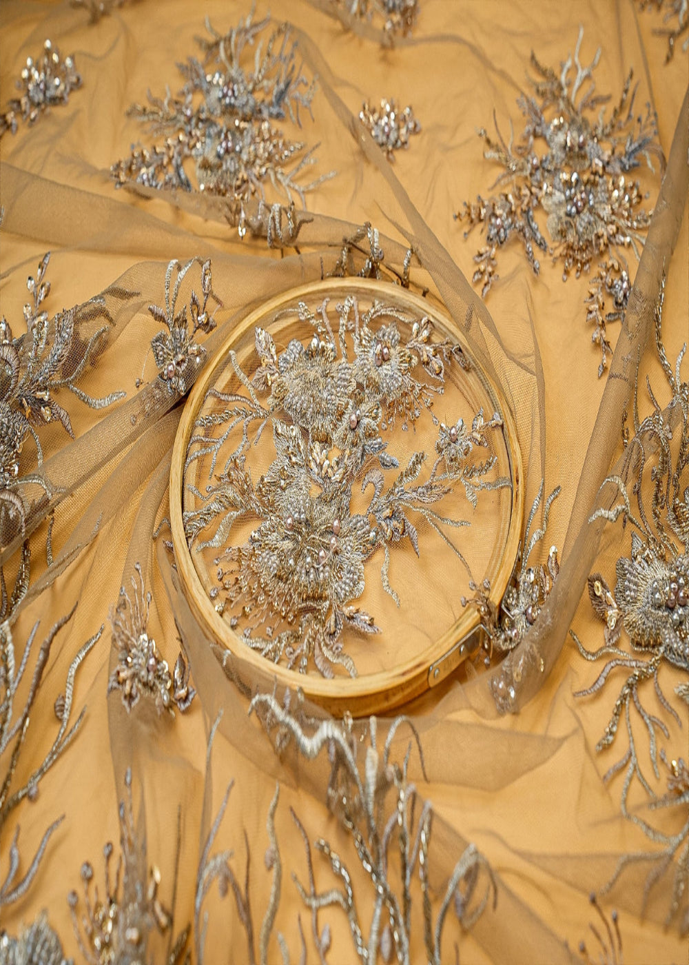 (Pre-Cut-1.85-Mtr)-Light-Beige-Net-With-Floral-Zari,-Sequins,-Kut-Dana,-3D-Flower