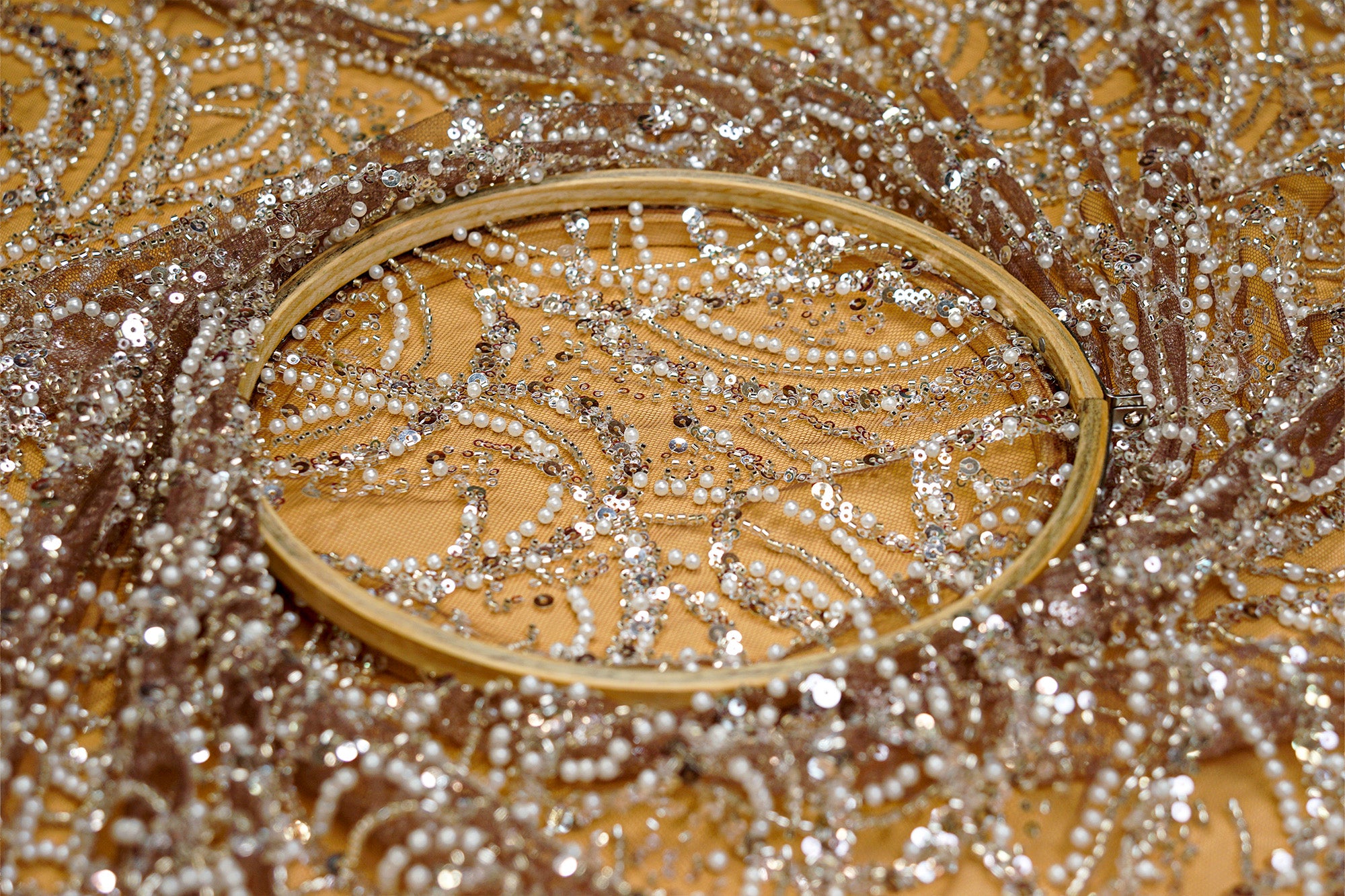 Onion Pink Net With Sequins, Kut-Dana And Pearls- Paras Gallery Fabrics