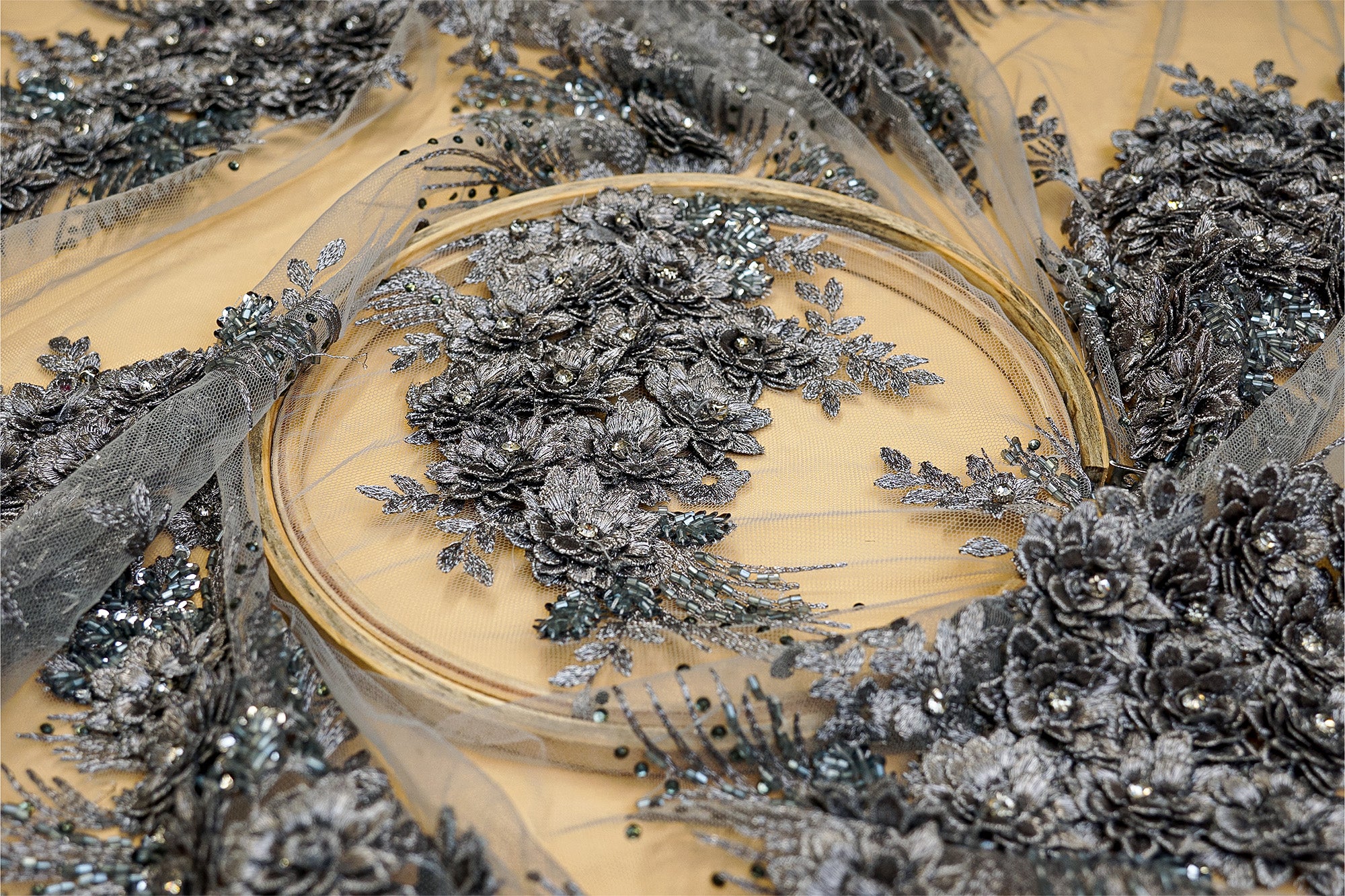 Grey Handwork Net With Silver Zari, Beads And 3 Flower- Paras Gallery Fabrics