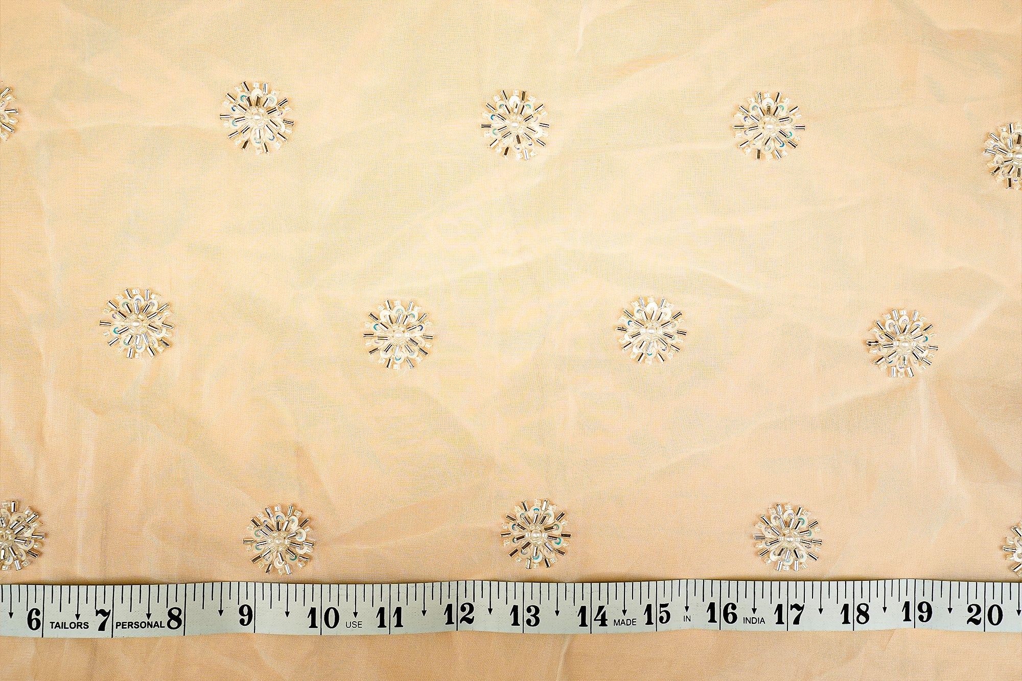 (Pre-Cut 1.7 Mtr) White Organza in floral pattern kut-dana and handwork