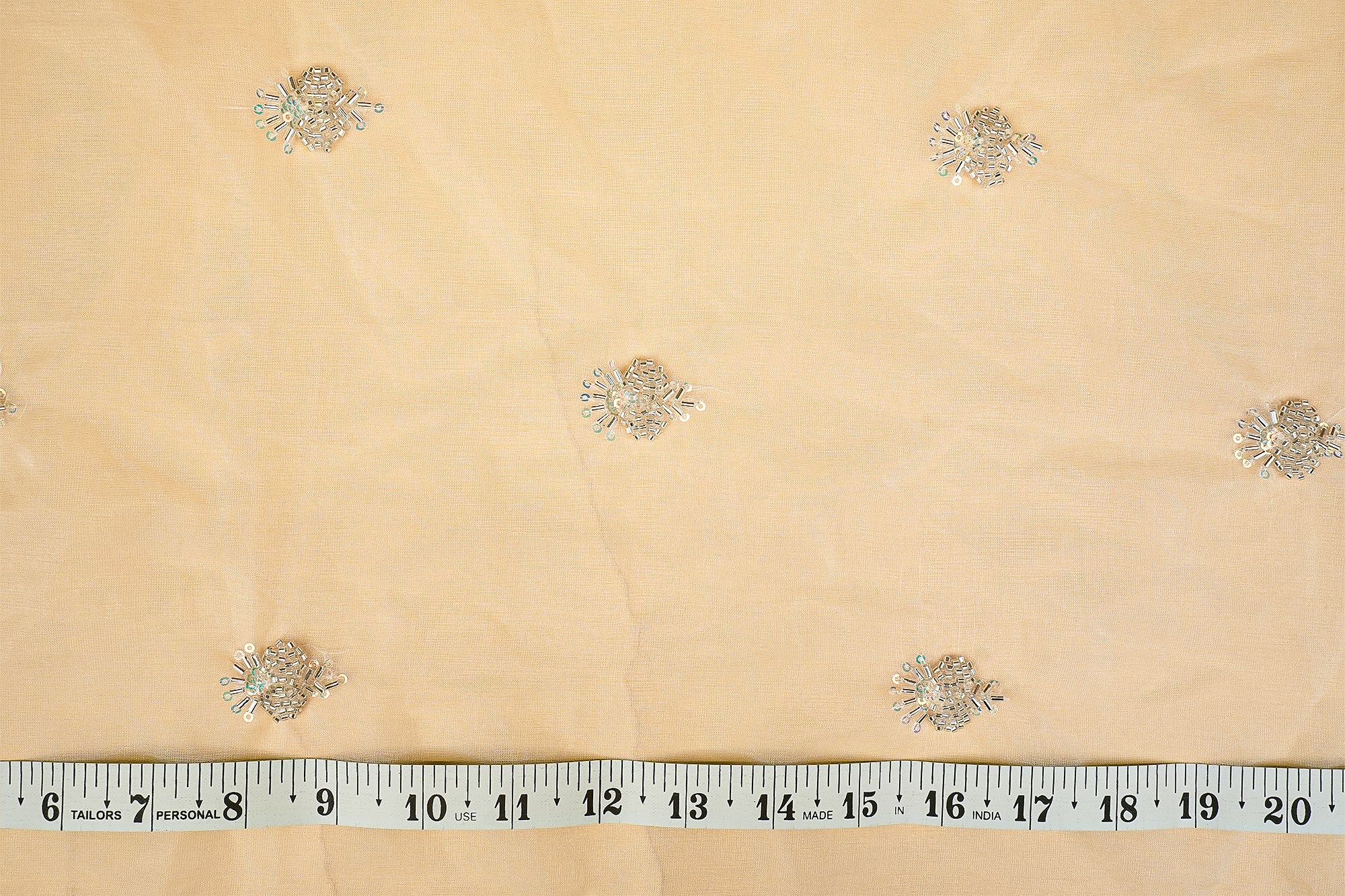 (Pre-Cut 1.1 Mtr) White Organza in floral pattern kut-dana and handwork