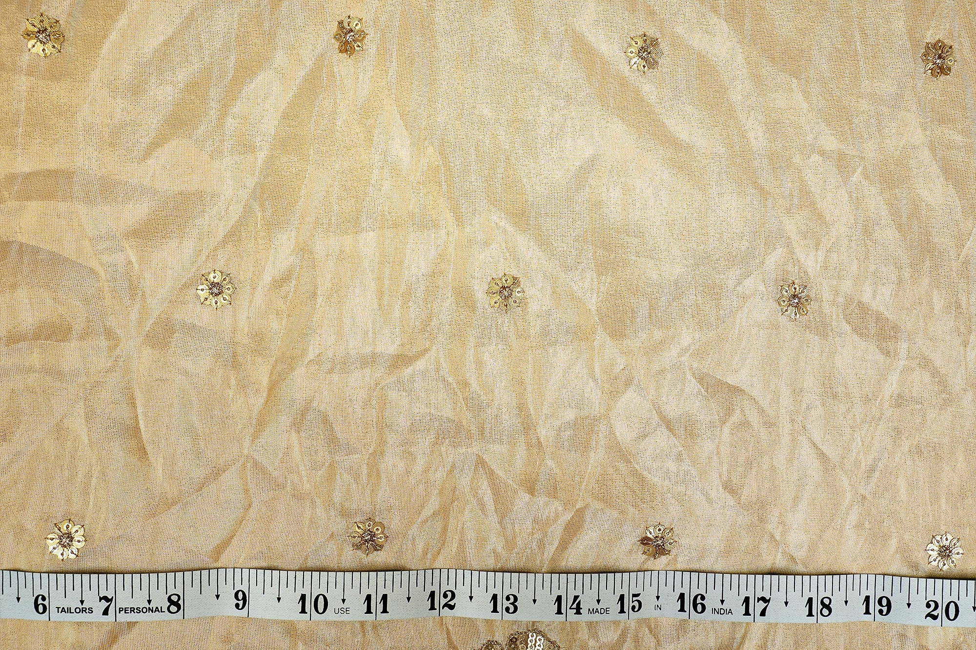 (Pre-Cut 1 Mtr) White Tissue with Zari Butti and Scalloped Sequin Borders