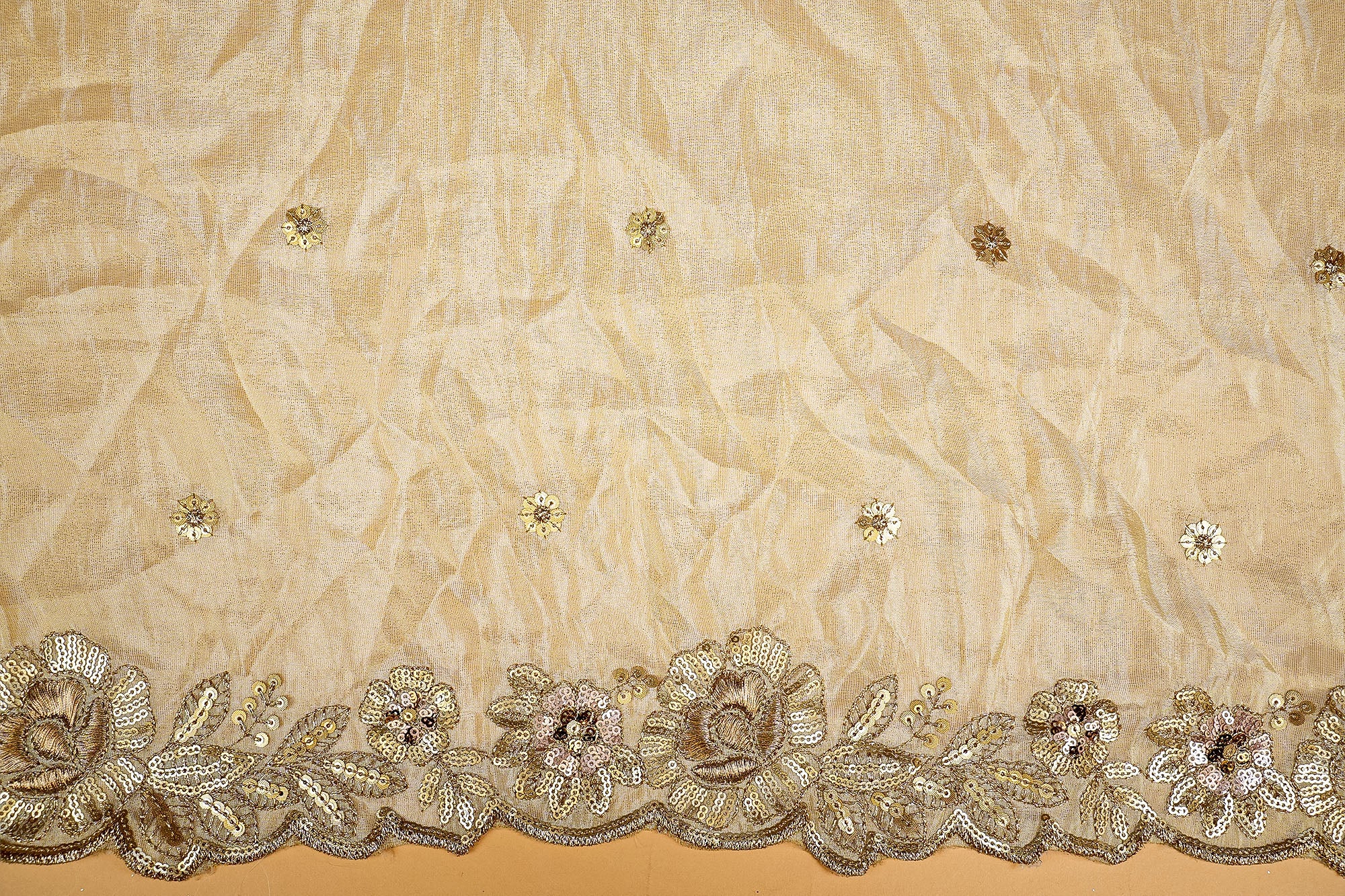 (Pre-Cut 1 Mtr) White Tissue with Zari Butti and Scalloped Sequin Borders