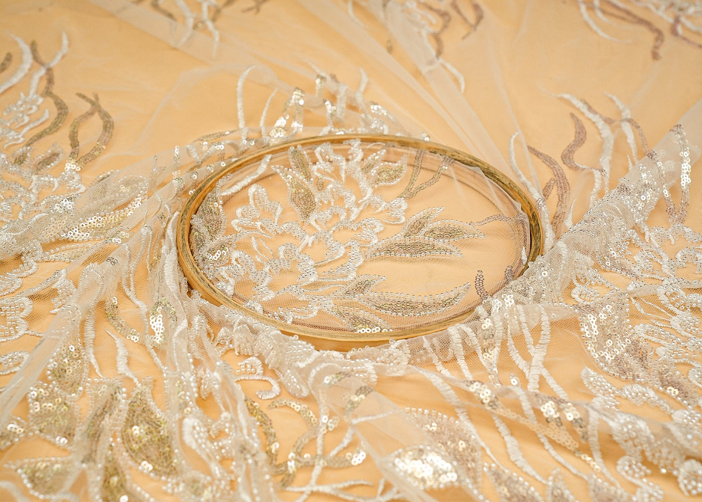 Ethereal White Imported Net with Silver Sequins and Hand Embroidery- Paras Gallery Fabrics