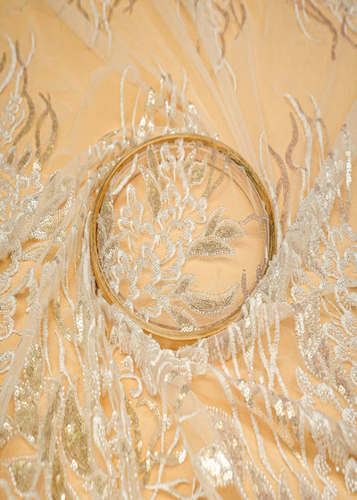 (Pre-Cut 1.5 Mtr) Ethereal White Imported Net with Silver Sequins and Hand Embroidery 11096
