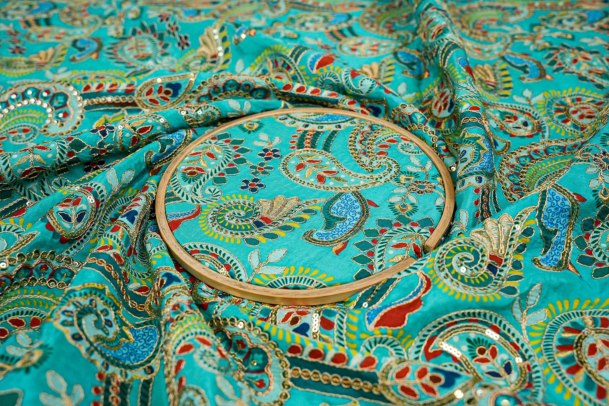 (Pre-Cut 2.9 Mtr) Teal Elegance Crepe with Zari, Sequins, and Digital Print
