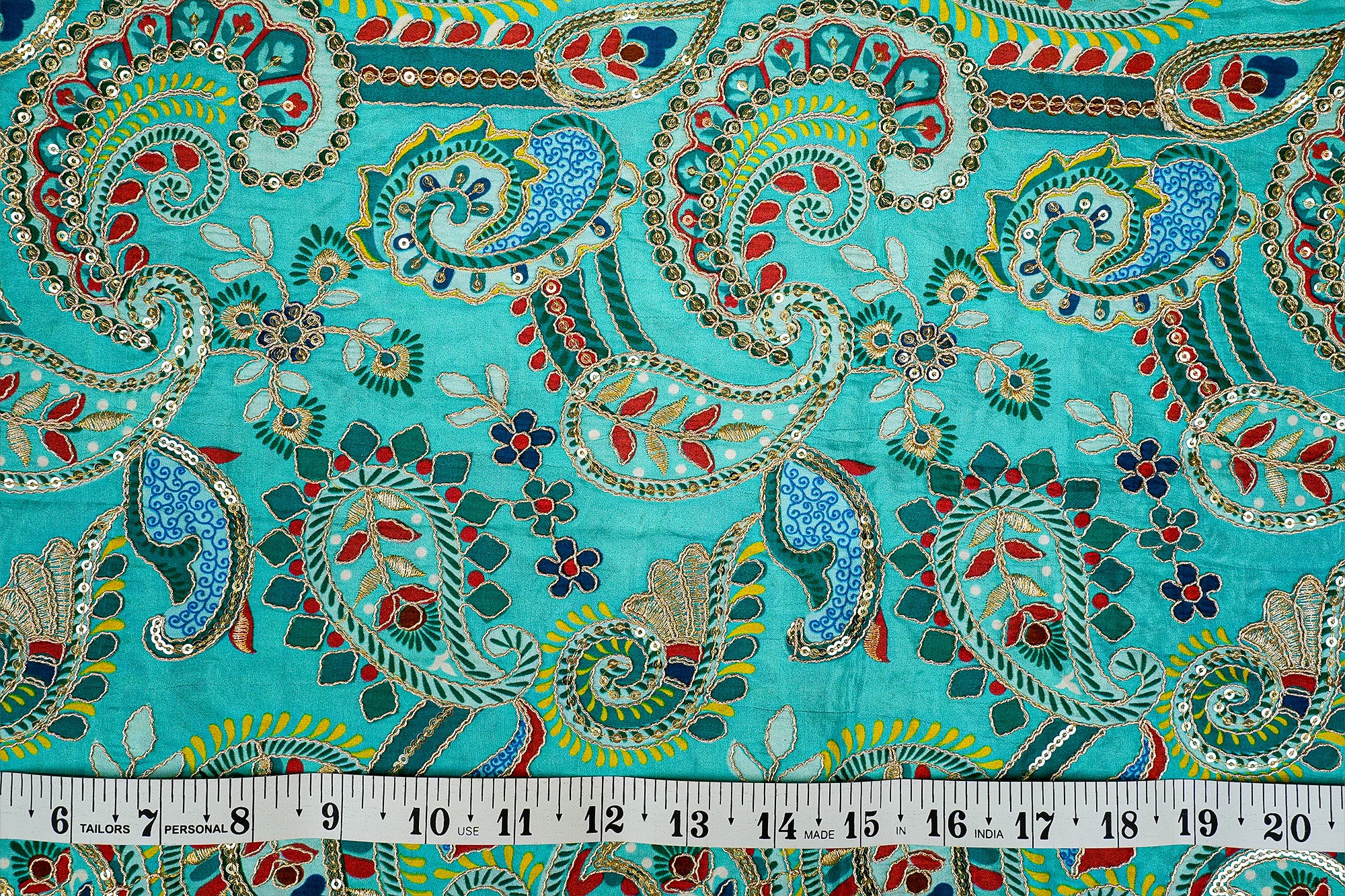 (Pre-Cut 2.9 Mtr) Teal Elegance Crepe with Zari, Sequins, and Digital Print