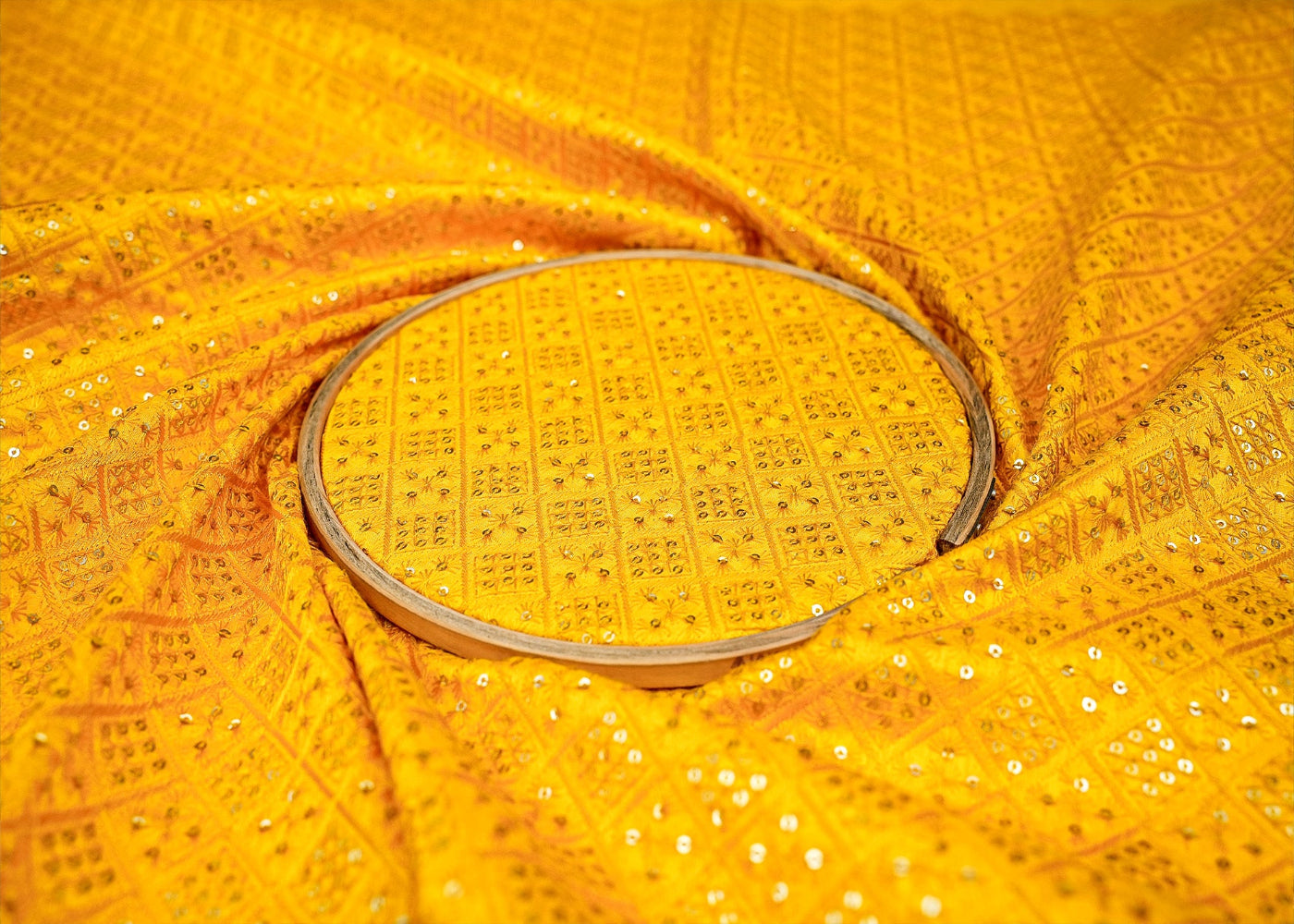 (Pre-Cut 1 Mtr) Golden Sun Yellow Silk Dupion with Sequins and Threadwork