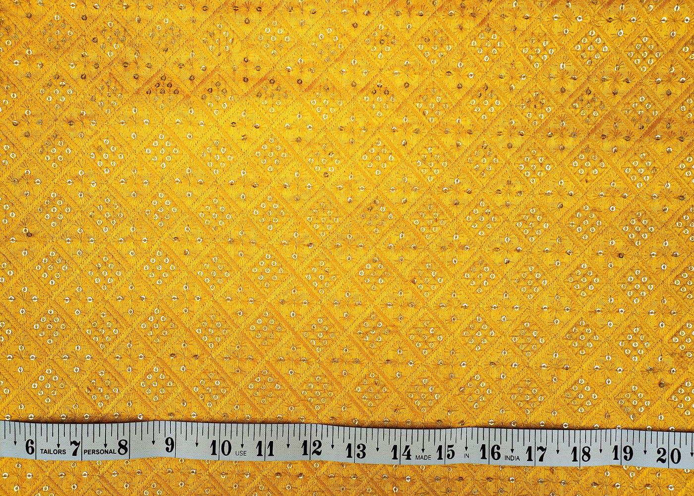 (Pre-Cut 1 Mtr) Golden Sun Yellow Silk Dupion with Sequins and Threadwork