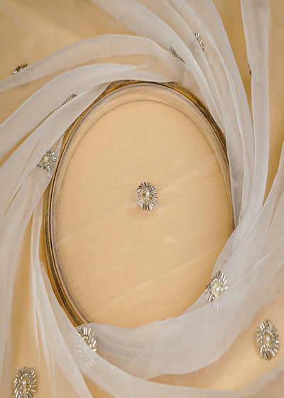 (Pre-Cut 1.5 Mtr) White Organza Fabric with All-Over Bead, Sequins, Pearl and Threadwork 11148