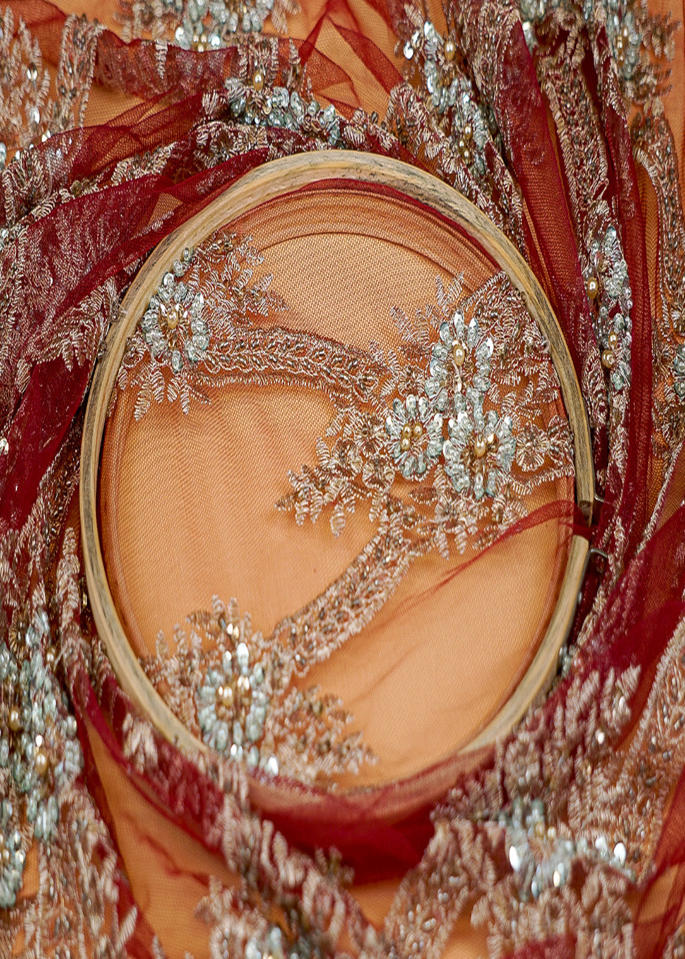 (Pre-Cut-2-Mtr)-Maroon-Imported-Net-with-Thread-Sequins-Kutdana-and-Pearl-Handwork