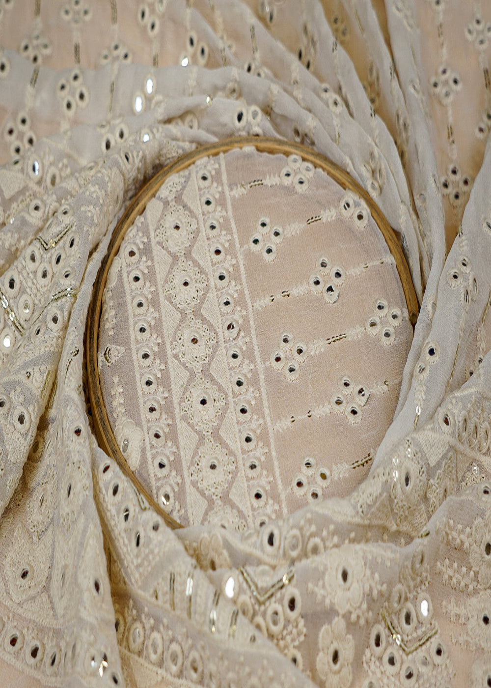 (Pre-Cut 1.15 Mtr) White Georgette Fabric with Thread, Sequins, and Faux Mirror Work, Heavy Border