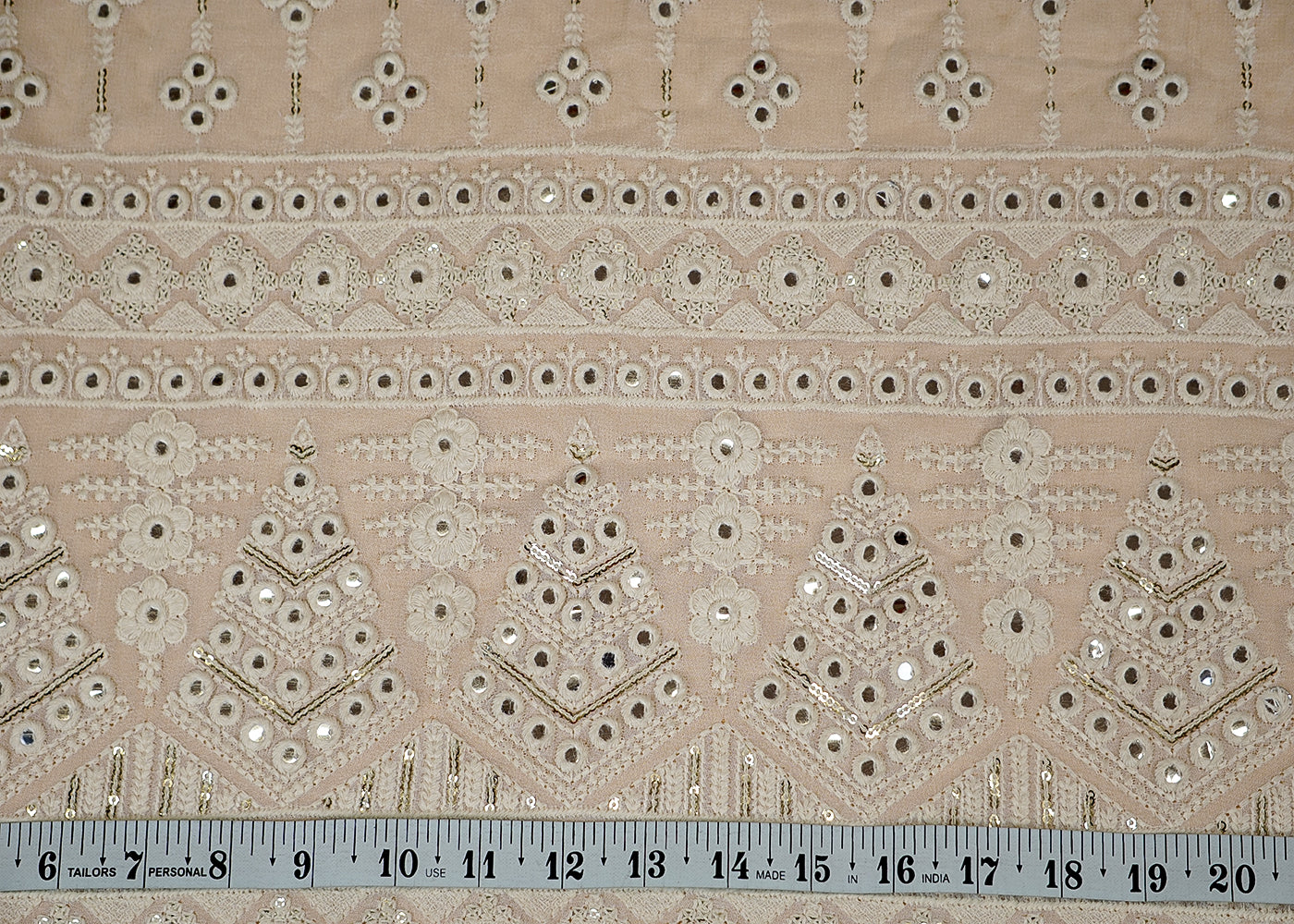 (Pre-Cut 1.15 Mtr) Georgette Fabric with Thread, Sequins, and Faux Mirror Work, Heavy Border