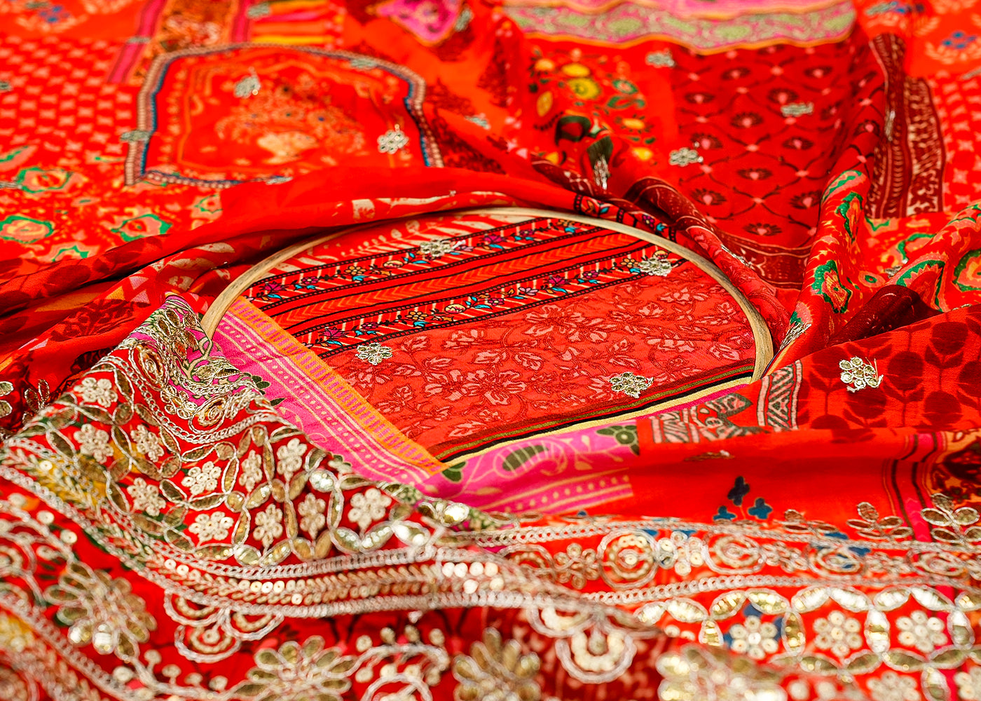 (Pre-Cut 2.1 Mtr) Red Crepe Fabric with All-Over Print and Golden Thread and Sequins Buti Work