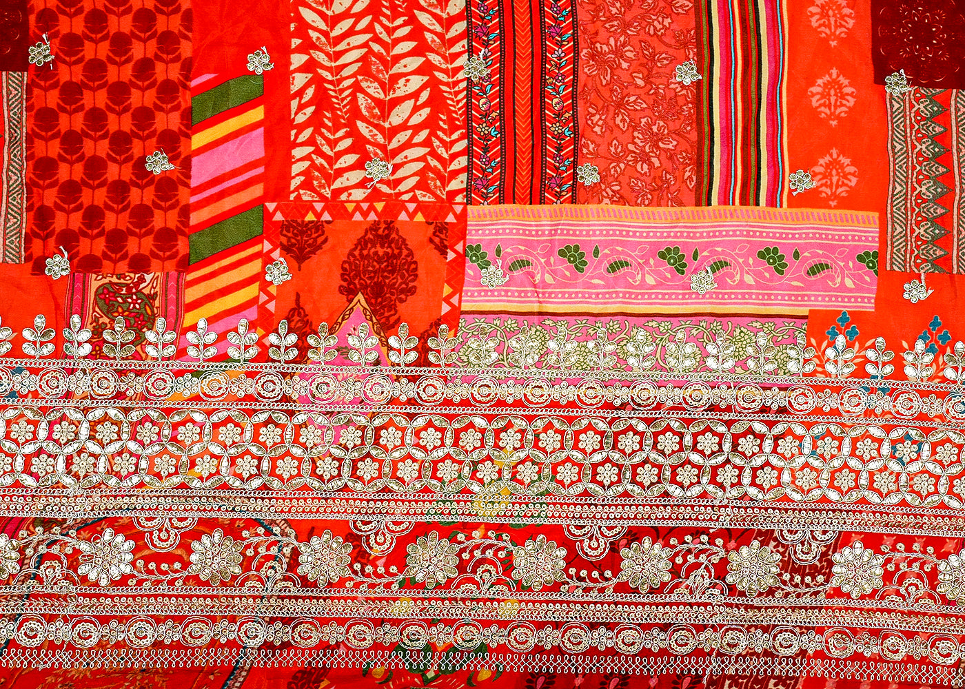 (Pre-Cut 2.1 Mtr) Red Crepe Fabric with All-Over Print and Golden Thread and Sequins Buti Work