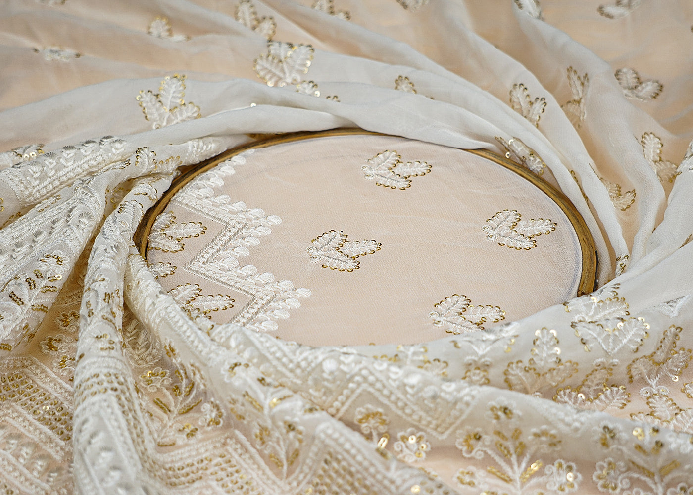 (Pre-Cut 3 Mtr) Traditional Elegance Georgette Fabric with Threadwork and Sequins