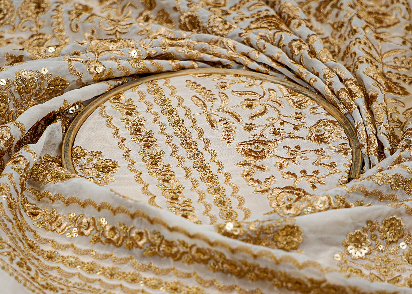 (Pre-Cut 2.4 Mtr) Radiance Georgette Fabric with All-Over Golden Sequins and Threadwork