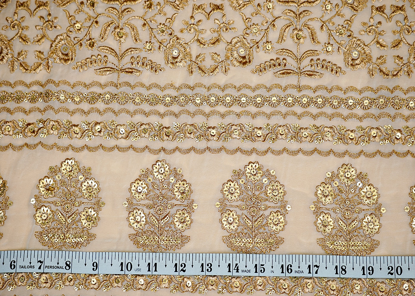 (Pre-Cut 2.4 Mtr) Radiance Georgette Fabric with All-Over Golden Sequins and Threadwork