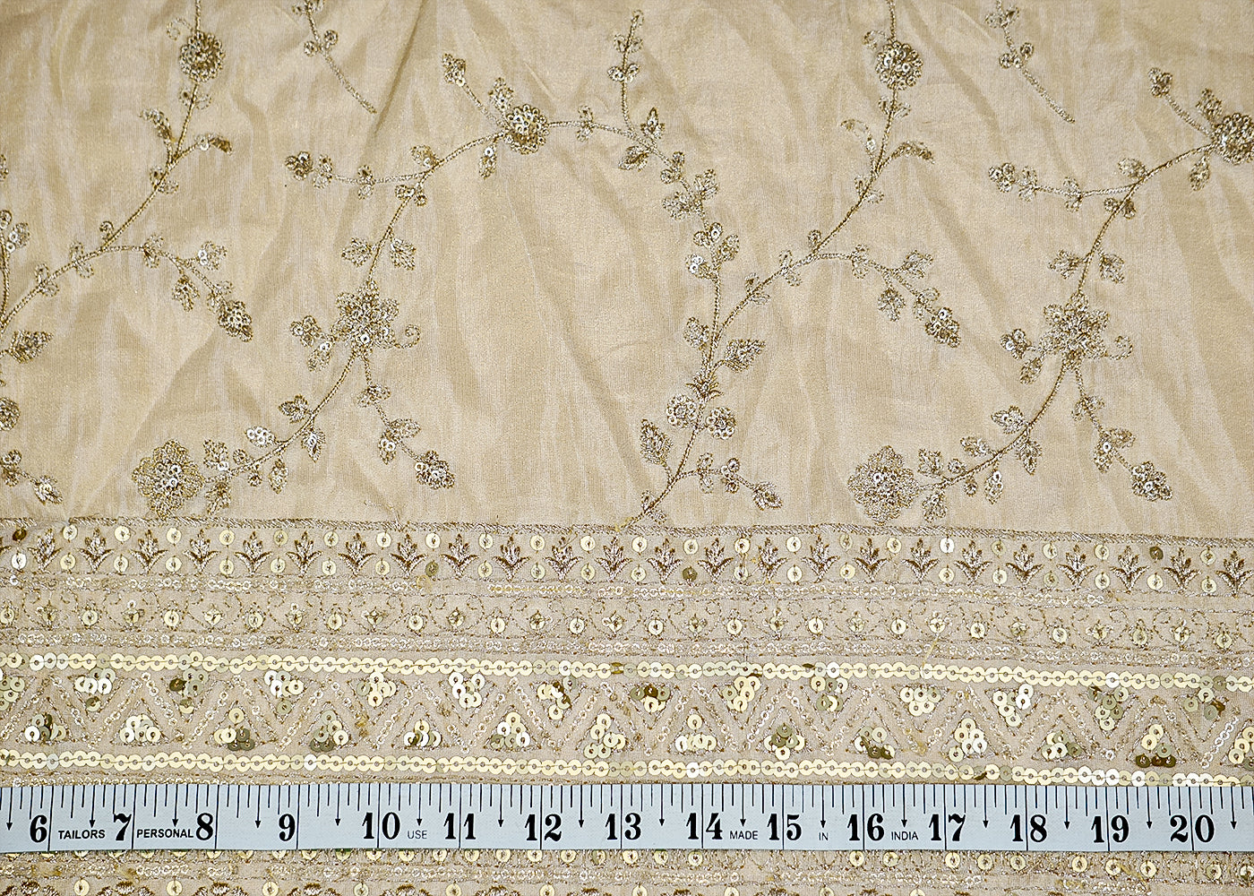 (Pre-Cut 1.2 Mtr) Golden Glow Tissue Fabric with Sequins and Threadwork