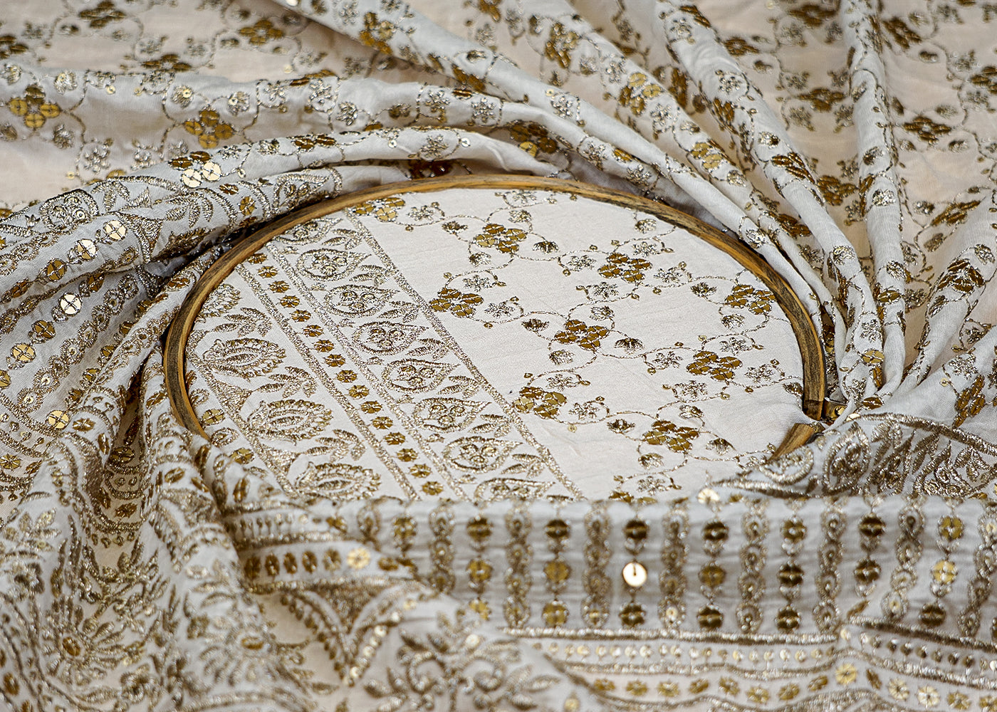 (Pre-Cut 2 Mtr) Dola Silk Fabric with Golden Thread and Sequins Work, and One-Side Heavy Border