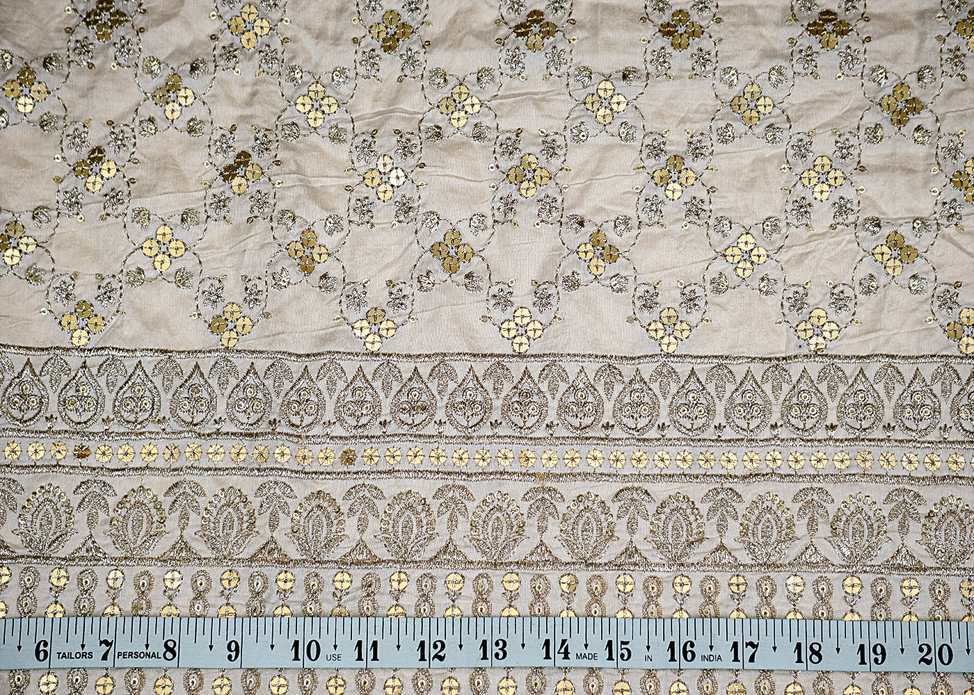(Pre-Cut 2 Mtr) Dola Silk Fabric with Golden Thread and Sequins Work, and One-Side Heavy Border
